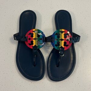 Tory Burch Dark Blue Sandals with Multicolor Rainbow Logo - Size 8 M